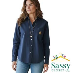 Lauren Ralph Lauren Navy Button Front Blouse Logo Pocket Women's Size 10 EUC